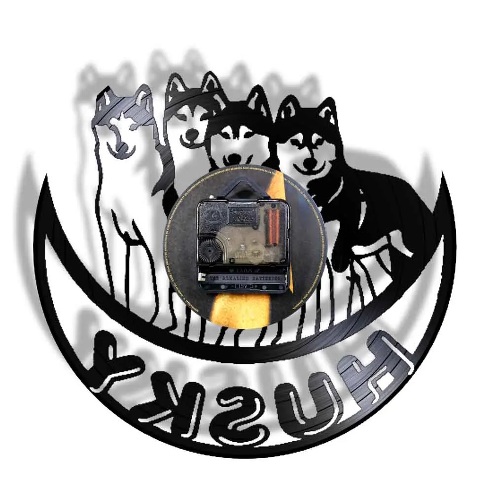 Husky Wall Clock Made Of Real Vinyl Record Arctic Sled Dog Cut Out Longplay Led Light Wall Watch Saat Glow in Dark