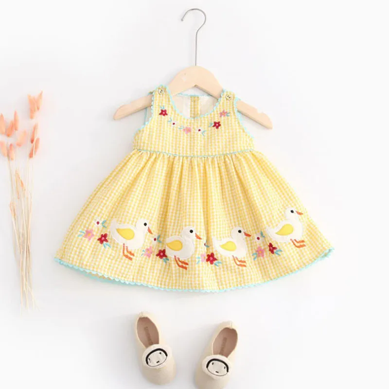 New Summer Girls Dress Baby Vest Cartoon Stitching Flower Embroidery Dress Plaid Cute Comfortable And Light Clothing
