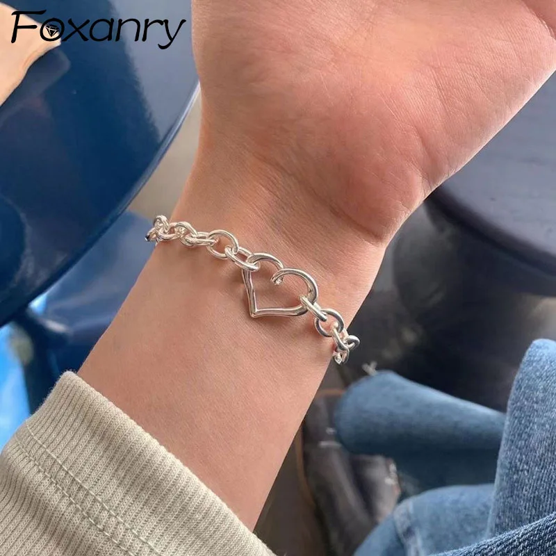 FOXANRY Silver Color Bracelets for Women New Trendy Elegant Simple Sweet Hollow LOVE Heart Party Jewelry Girl Accessories