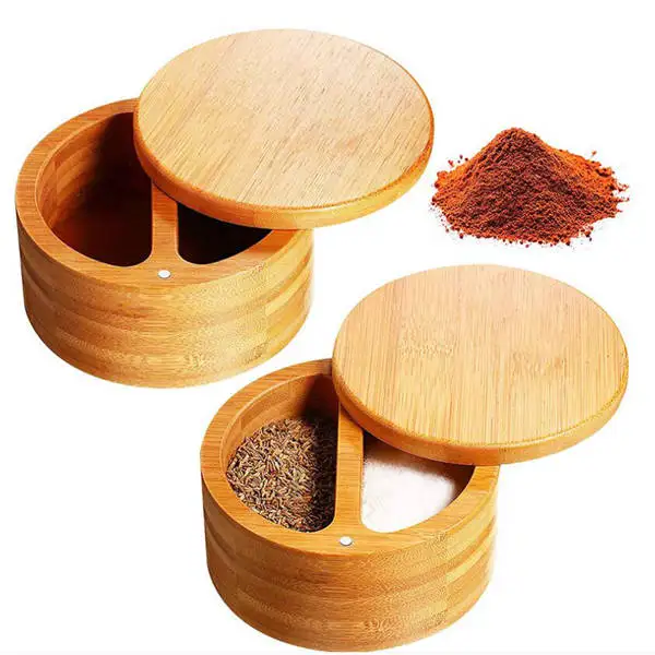 Kitchen Utensils Bamboo Storage Box 2 Compartment Seasoning Jar Salt Shaker