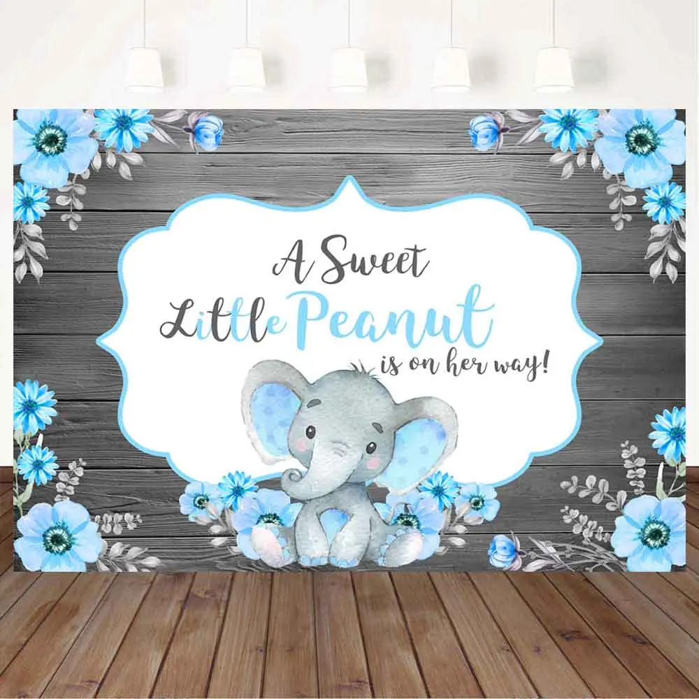 

Mocsicka Baby Shower Wood Backdrop Sweet Little Elephant Blue Flowers Newborn Photography Props Child Birthday Custom Background