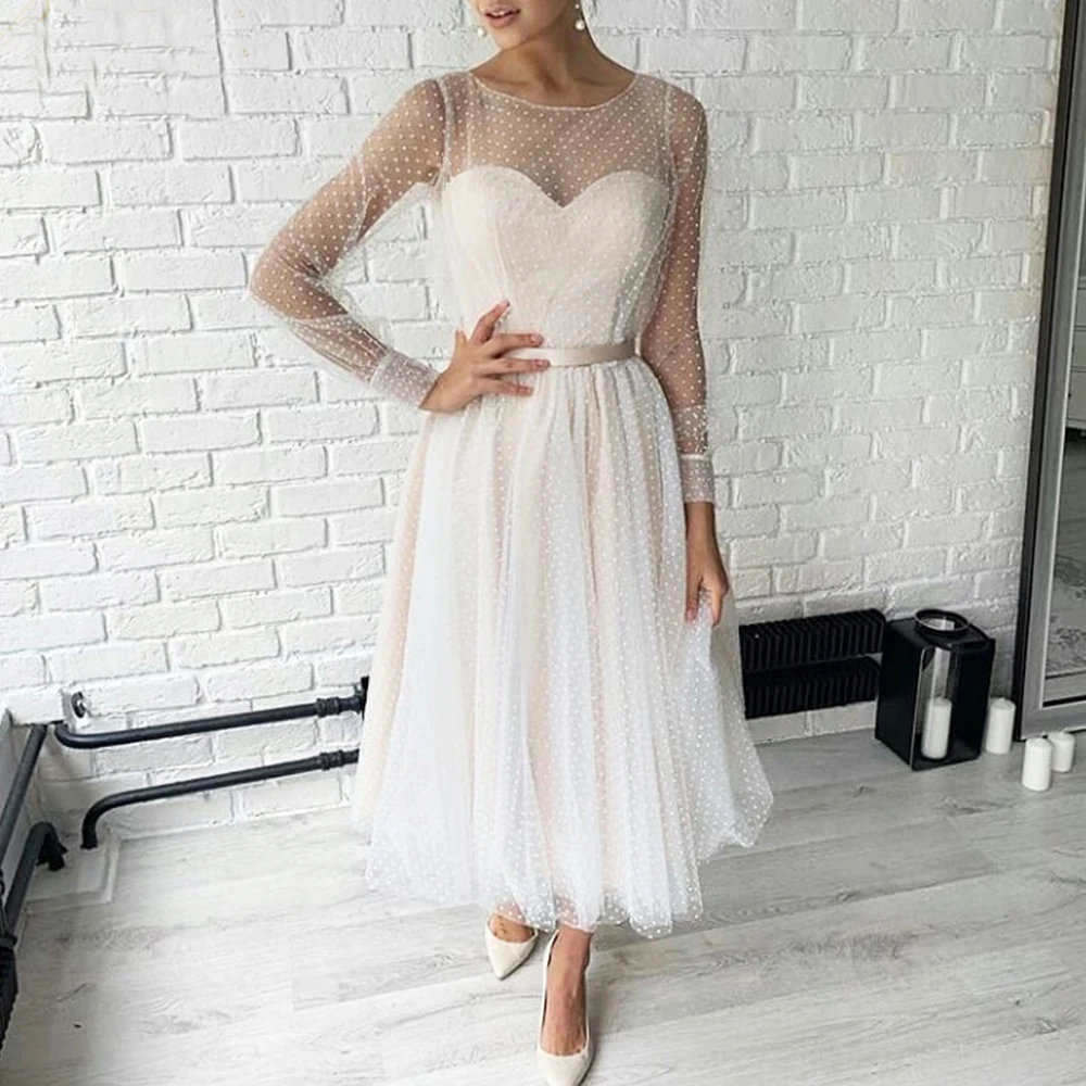 Ivoor Prom Dresses Nieuwe Dot Tulle Een Lijn Elegante Party Dress Lange Mouwen Korte Gown Sweetheart Kraal Riem Avondjurk plus Size