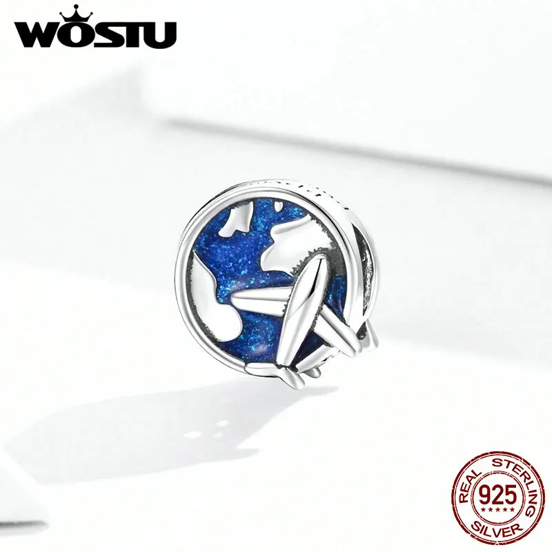 WOSTU Travel Charm Hot Sale 925 Sterling Silver World Voyage Charms Blue Enamel Beads fit Original DIY Bracelet Jewelry CQC1568