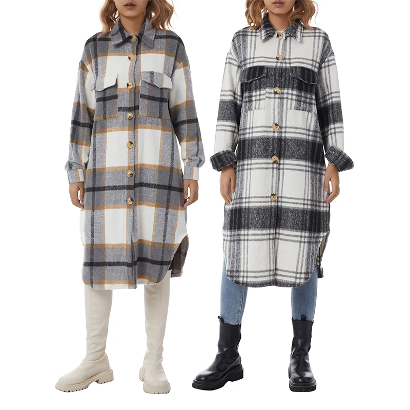 2021 Women Elegant British College Style Plaid Long Coat with Single-breasted, Pocket Decoration Loose Version Spring Clothing