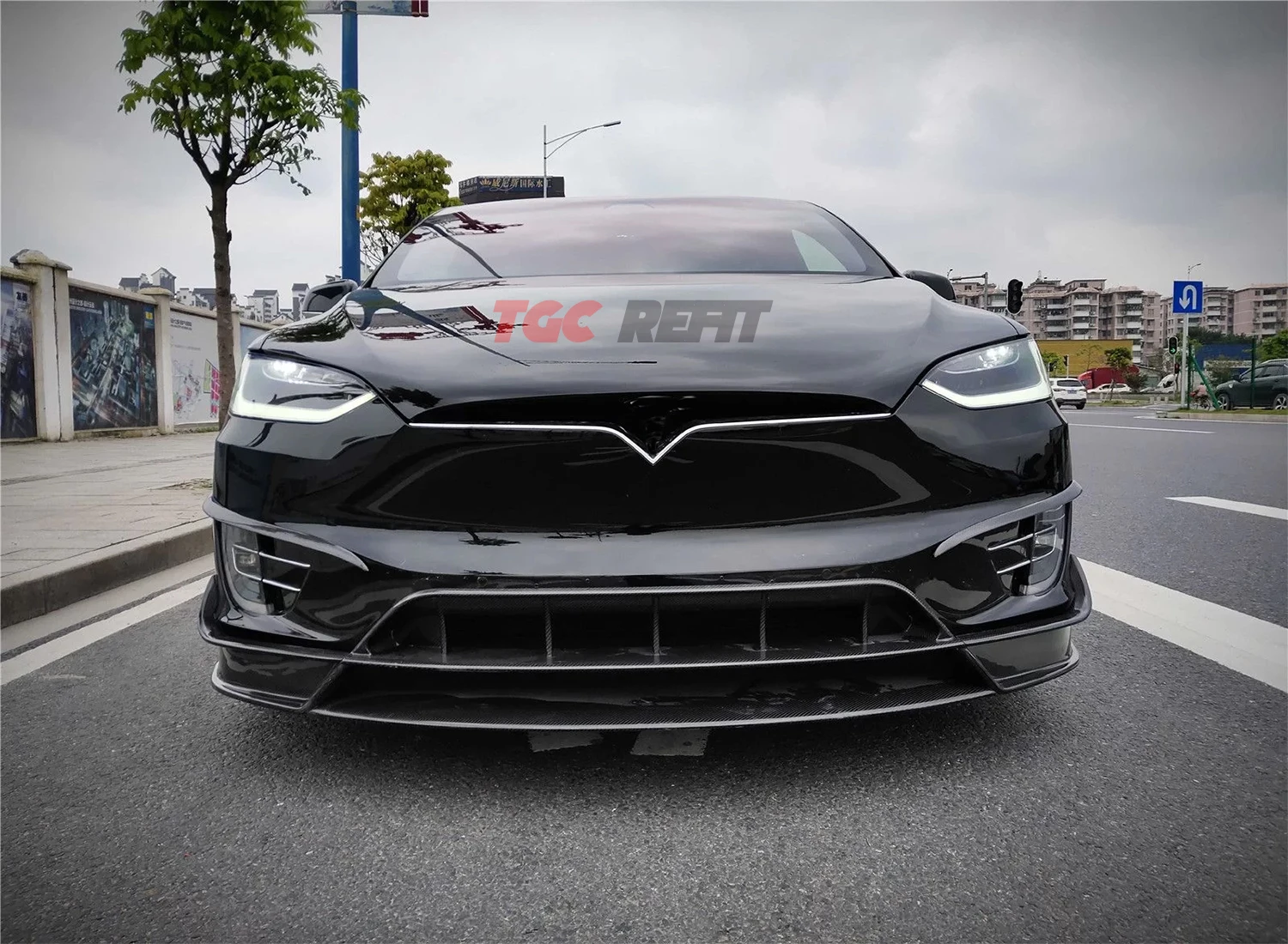 For Tesla Model X Carbon Fiber Front Bumper Lip Diffuser Side Skirts Rear Wings Spoiler Wind Knife Body Kit Refit Rz Style