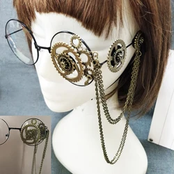 Óculos retrô Steampunk para mulheres e homens, armação redonda, engrenagens Lolita, decoração em corrente, óculos góticos, óculos cosplay, festa de Halloween