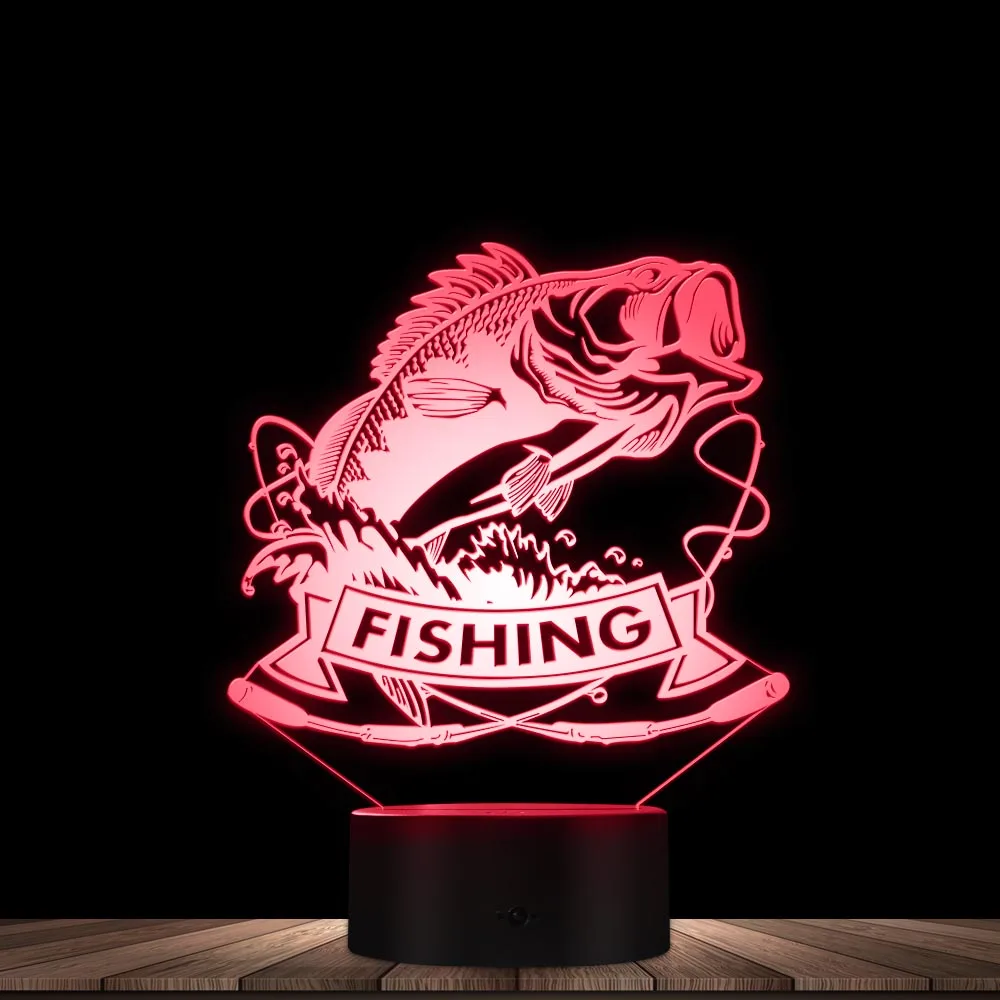 Fishing Bass Fish 3D LED Night Light Fish With Rod Fishing Club Sleepy Lamp Fisherman Bedroom Decorative Lighting Table Lamp