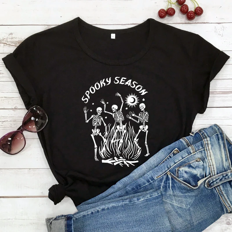 T-shirt gothique pour femmes, Hipster os, esthétique, saison de danse, fête d'halloween, automne