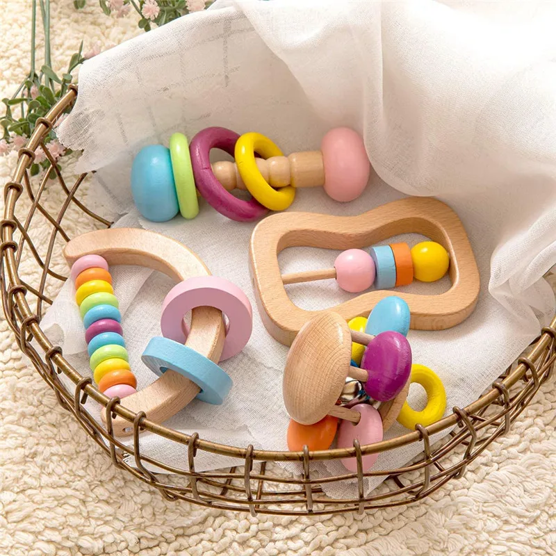 Baby Wooden Toys Rattles for Toddler Newborn Xmas Gift Grasp Play Game Teething Infant Toy Early Musical Educational Montessori