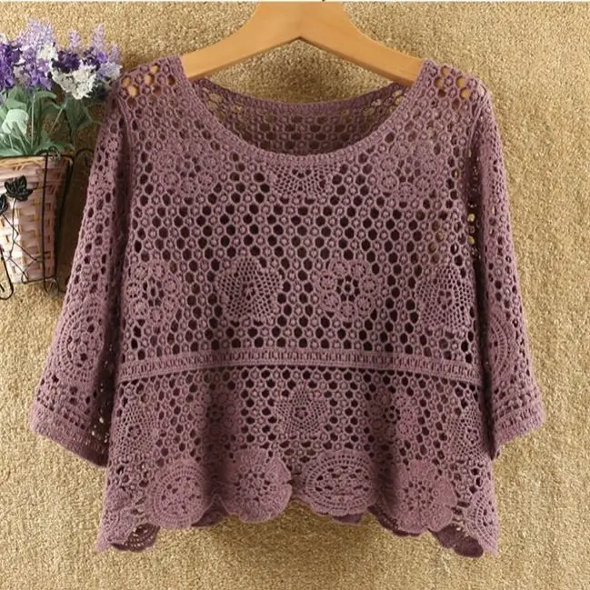 Pullover summer short hedging knitted hollow flower small outer super fairy all-match lace top