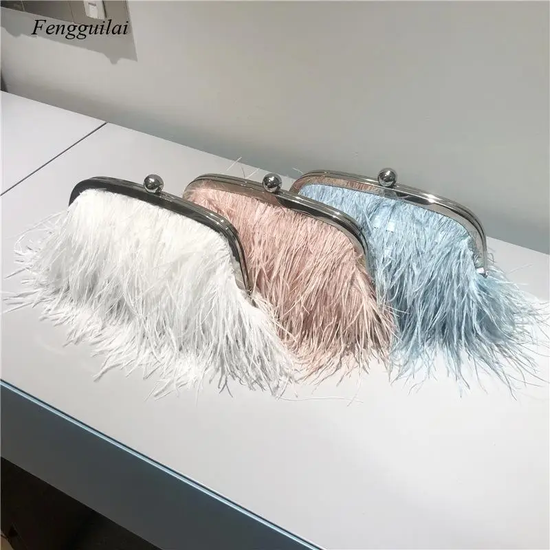 Luxury Ostrich Feather Party Evening Clutch Bag Women Wedding Purses and Handbags Small Shoulder Chain Bag Designer Bag 2021