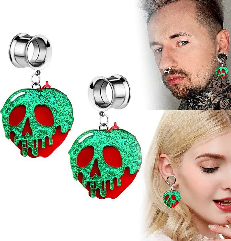 2PC Green Skull Ear Plugs Tunnels Stretch Gauges Earrings Ear Piercings Expander Halloween Body Pierc Jewelry Stainless Steel