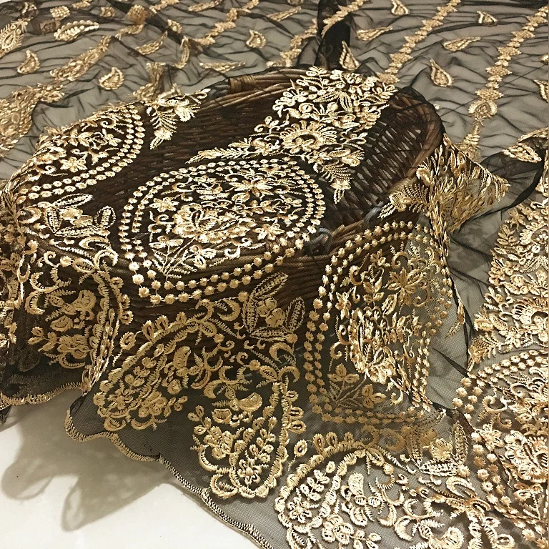 New Gold Thread Embroidery Mesh Lace Fabric French African Lace For Wedding Dress Designer Fabric