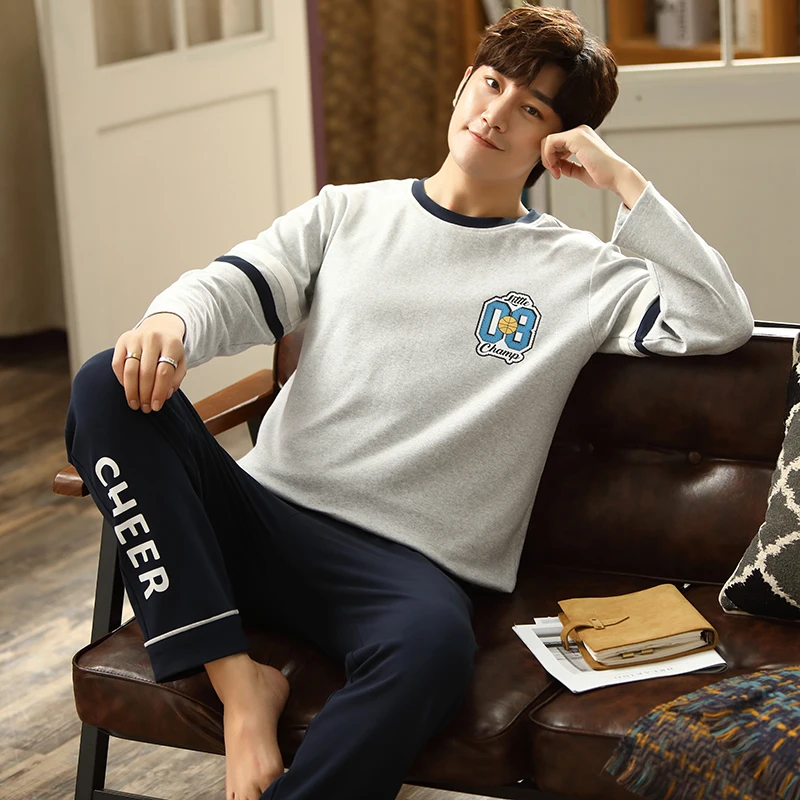 High Quality Autumn And Winter 100% Cotton Long Sleeve Pajama Sets Men Sleepwear Loungewear