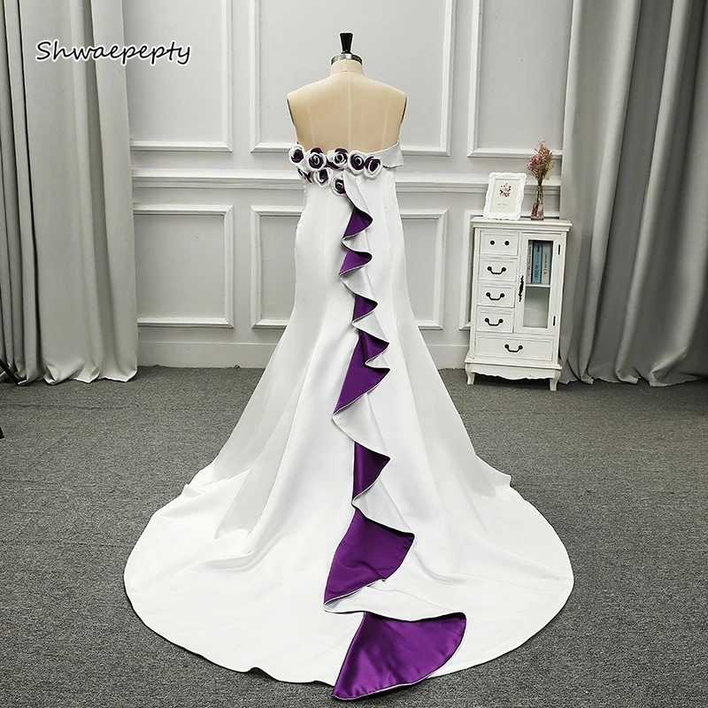 Cascading Ruffles Flowers Mermaid Wedding Dress Customized Strapless Long Vintage White And Purple Bridal Gown Vestidos De Novia