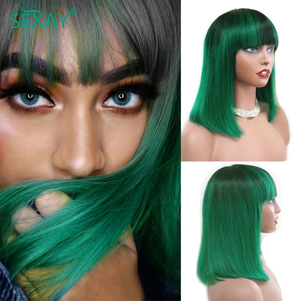 Sexay Wig Bob Pendek Hijau dengan Ketebalan 180 8-16 Inci Wig Rambut Manusia Lurus Tulang Indian Mentah dengan Wig Bang Ombre 1B Poni