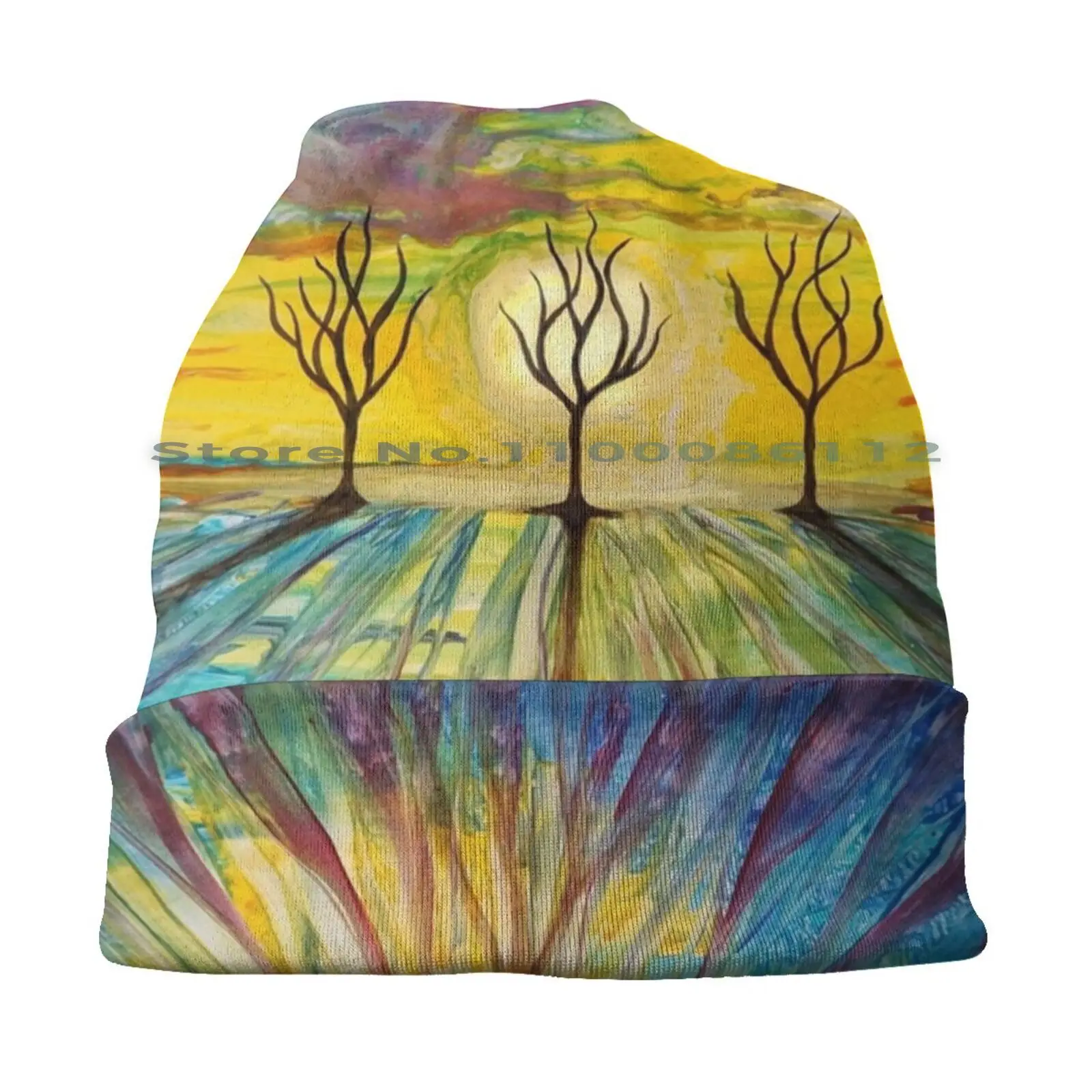 Long Shadows Landscape Beanies Knit Hat Colorful Trees Painting Landscape Painting Contemporary Painting Boho Folk Liquid