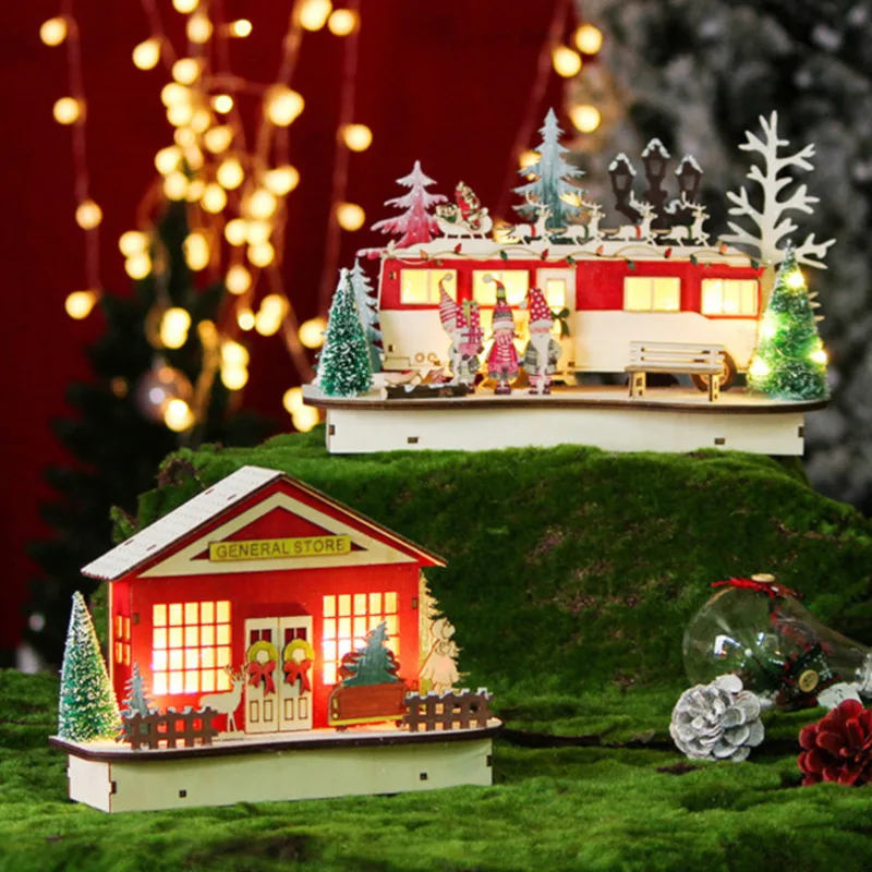 

New Wooden DIY Crafts Christmas Santa Claus Doll House Display Wooden LED Table Top Decoration