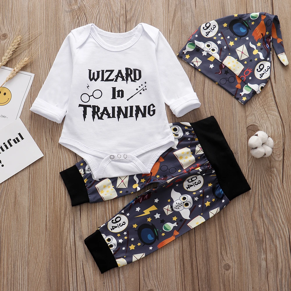 Newborn infant baby clothing set Wizard In Training Outfit Romper+pants+Hat 3PCS Baby Clothes outfits