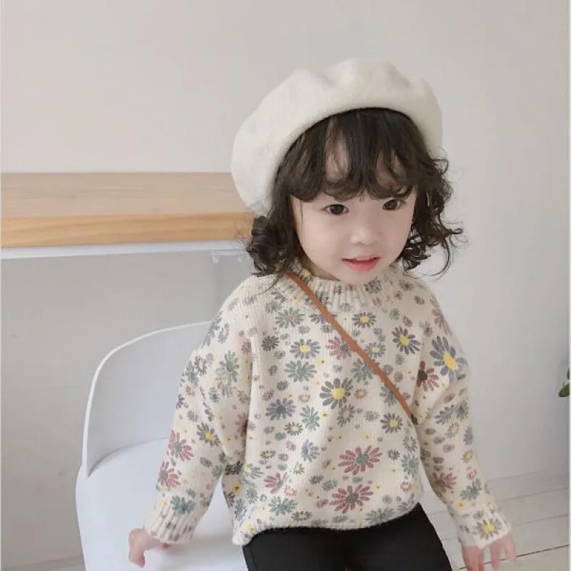 

2022 New Spring Winter Baby Girl Boys Casual Sweater Children's Knitted Woolen Kids Cute Retro Flowers Hedging Warm Thicken