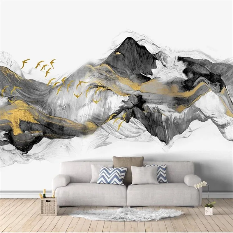 

wellyu Customized large murals fashion home improvement birds new Chinese abstract golden ink landscape TV background wall