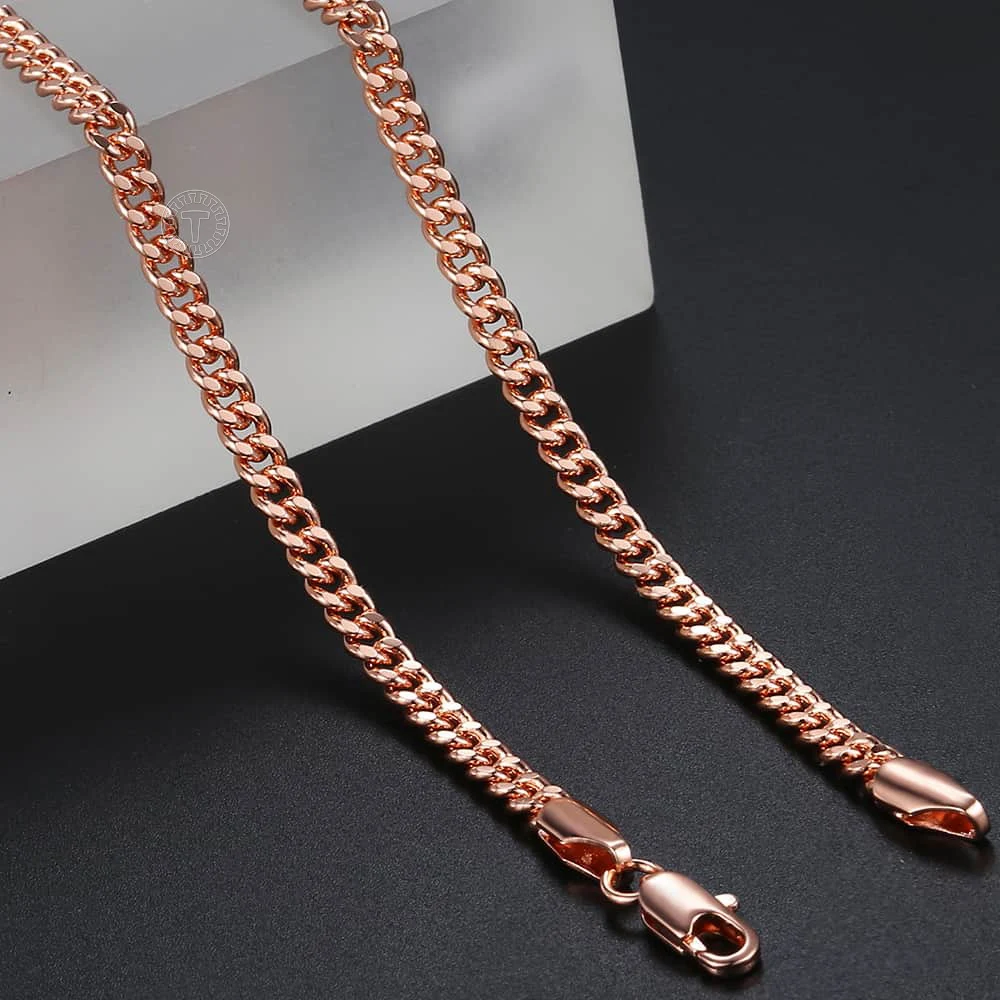 3mm Thin Necklaces For Women Girls 585 Rose Gold Color Curb Cuban Link Chain Woman Necklaces Valentines Gifts 45cm-60cm GN220A