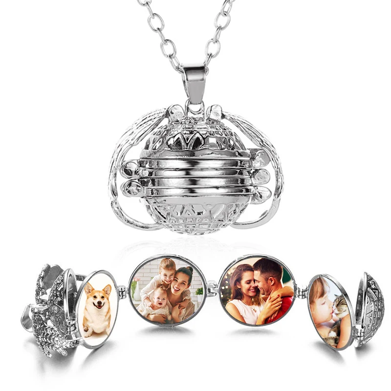 SUMENG New Arrival 2024 Fashion Magic 4 Photo Pendant Memory Floating Locket Necklace Angel Wings Flash Box  Album