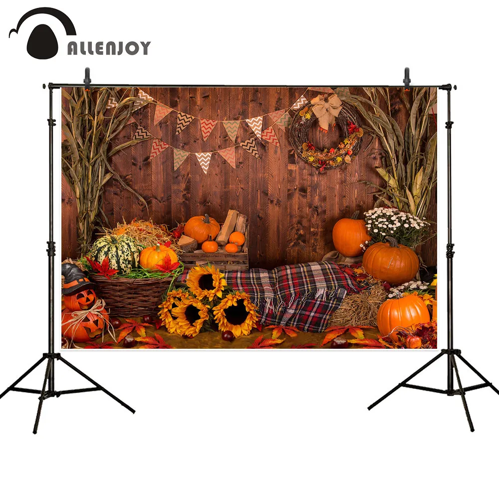 Allenjoy Autumn Photophone Pumpkin Wooden Floor Haystack Flag Halloween Background Sunflowers Christmas Photography Backdrop