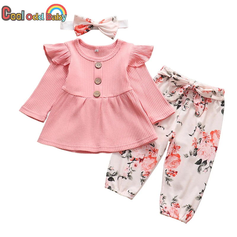 3pcs Autumn Newborn Baby Girl Clothes Set Pink Tops Floral Print Pants Headband Cute Infant Toddler Clothing 0 3 Months Outfits