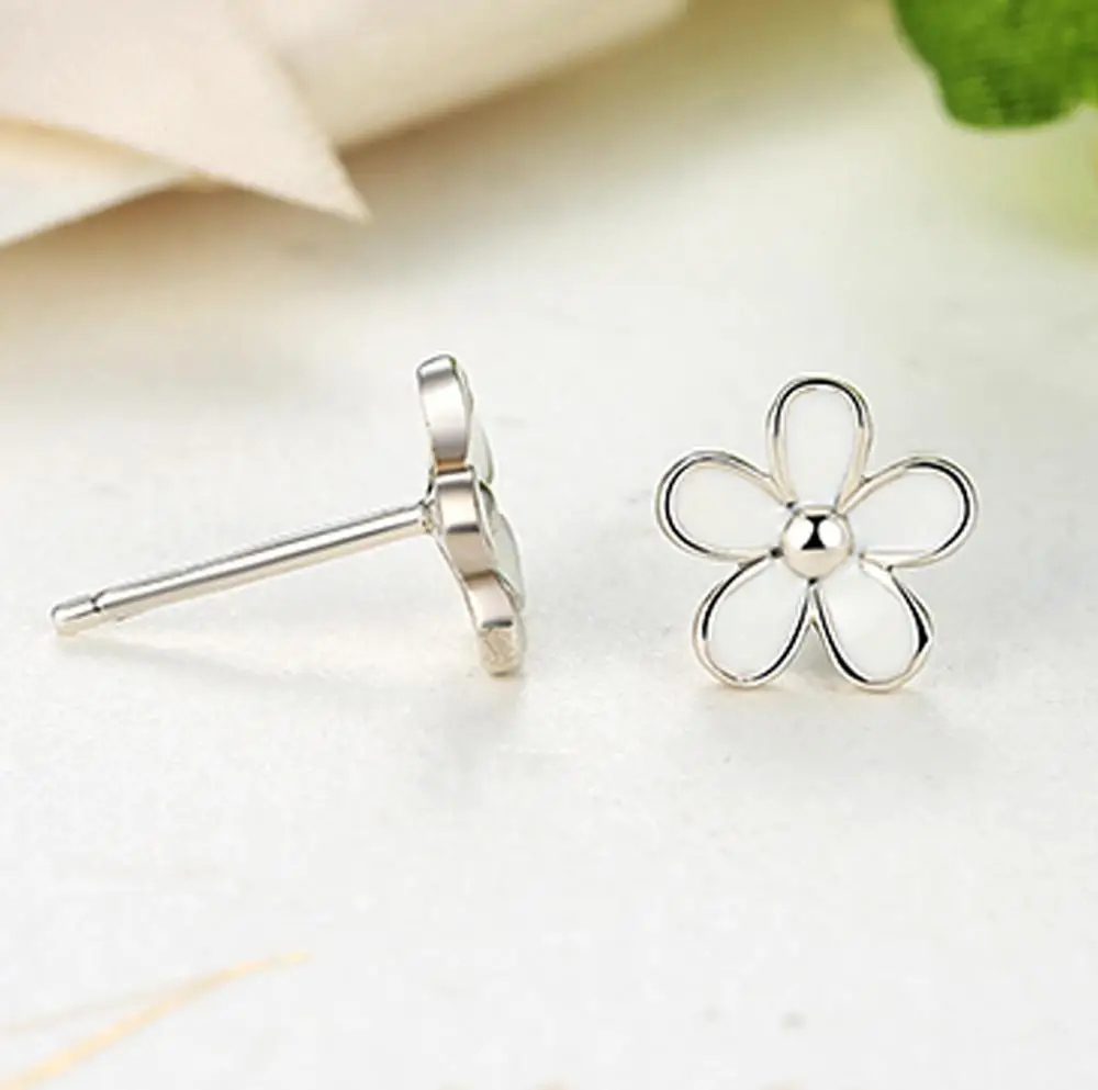 925 Sterling Silver White Daisy Stud Earrings For Women Kids Wedding Gift Female Pendientes