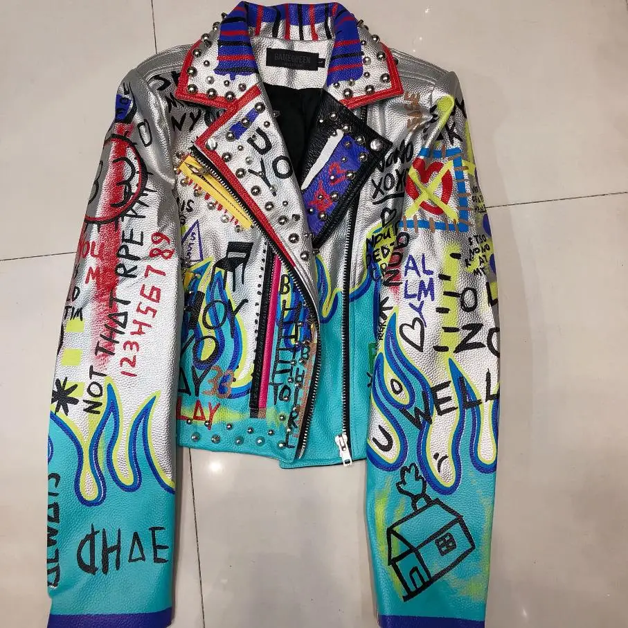 Blouson en Cuir Style Punk pour Femme, Vêtement à la Mode, Graffiti, Perles, Chancelier, Hurcyle, Broderie, CombStreetwear, 4XL, F803