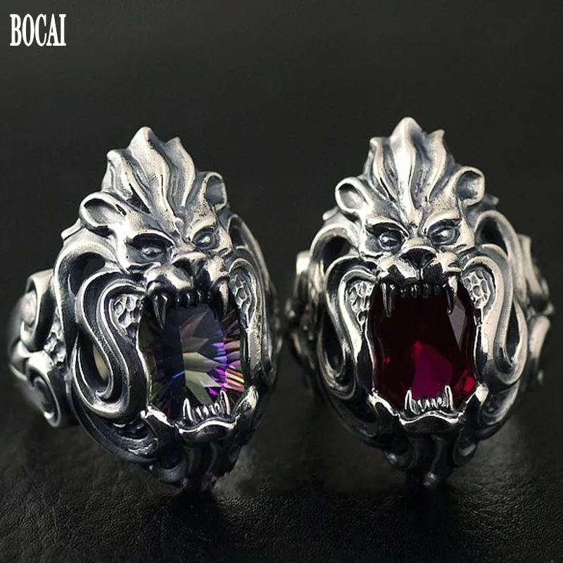 BOCAI NEWS925 Pure Silver Jewelry Thai Silver Lion Head  Colorful Stone Personality Trendy Man Domineering  Red Zircon Man Rings