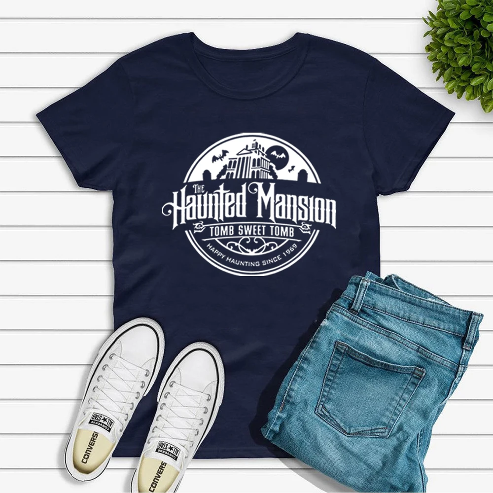 Haunted Mansion Retro Tee 빈티지 라이드 셔츠 Haunted Mansion WDW 셔츠, 빈티지 스타일 디 스트레스 드 유니섹스 티, 여성 여름 셔츠