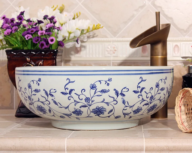 

Porcelain Bathroom ceramic counter top sink blue and white ceramic wash basin