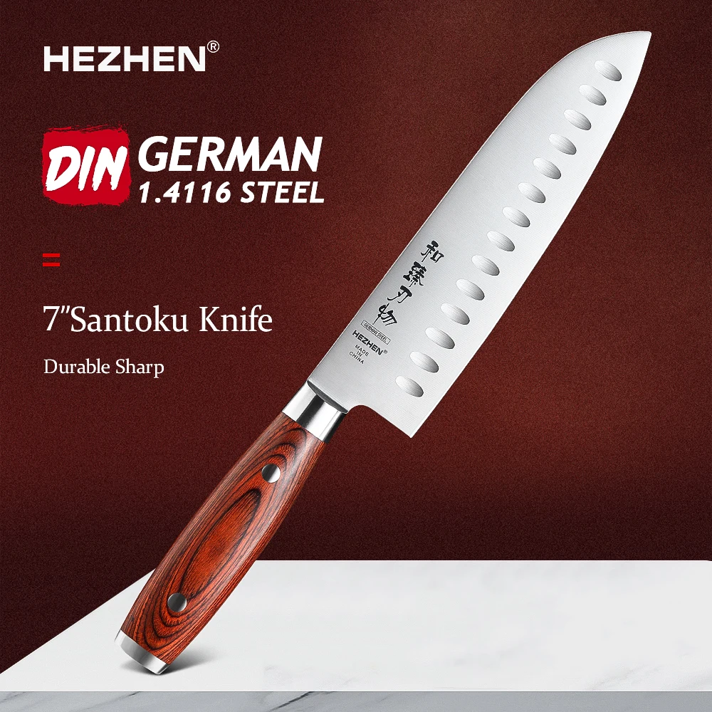 HEZHEN 7 Inch Santoku Knife Stainless Steel Sivet  German DIN1.4116 Steel For Meat Kitchen Cook Knife