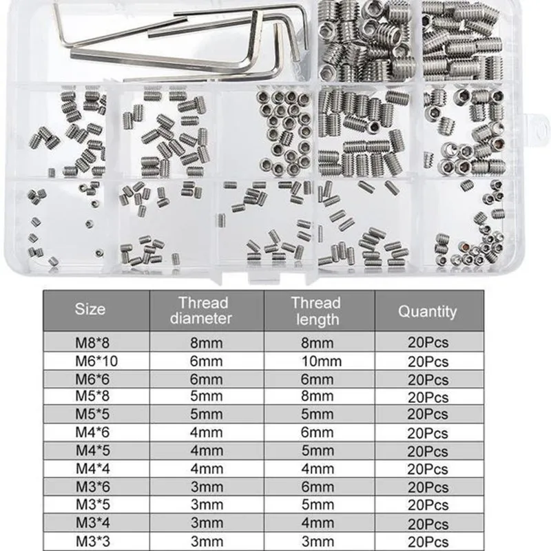 

240pcs Hexagon Socket Set Screws Headless Assortment Kit 304 Stainless Steel M3 M4 M5 M6 M8 Concave End Machine Screw