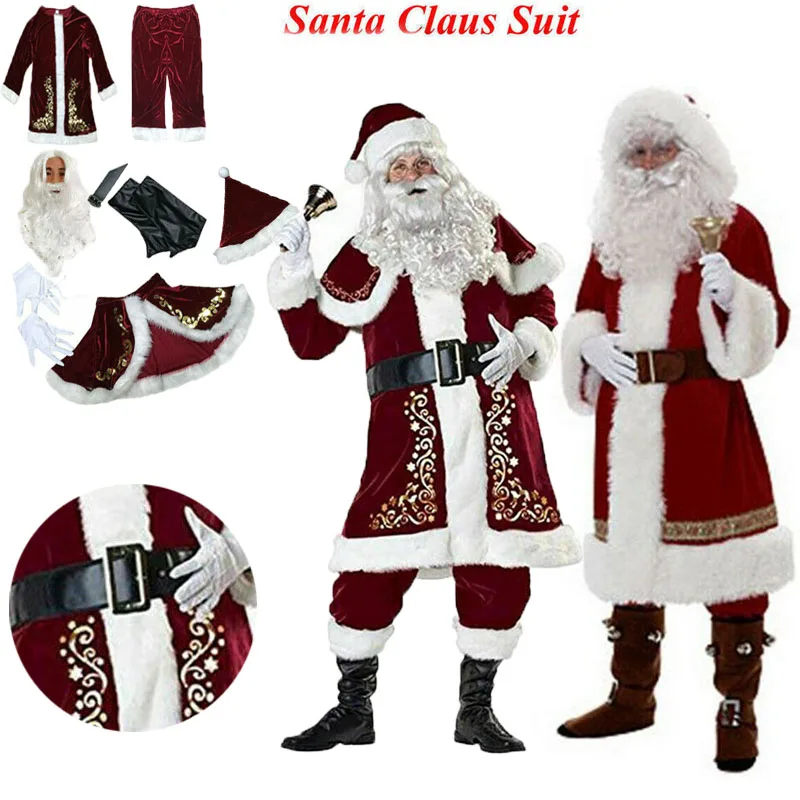 Man Santa Claus Pak Volwassen Kerst Cosplay Kostuum Rood Deluxe Fluwelen Fancy 8 Stuks Set Xmas Party Familie Kostuum Outfits