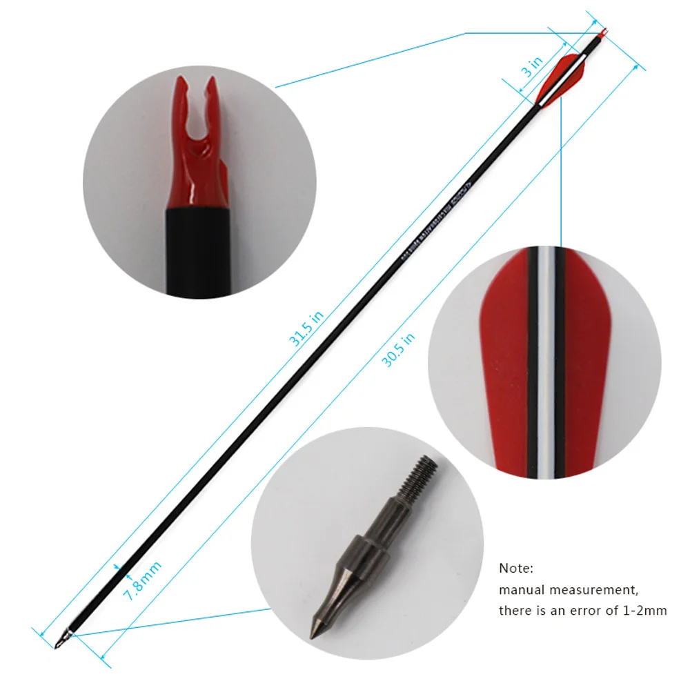 Hunting Spine 500 Mixed Carbon Arrow 6/12/24 Pcs 30 Inches Diameter 7.8 mm for Compound/Recurve Bow and Arrow Archery