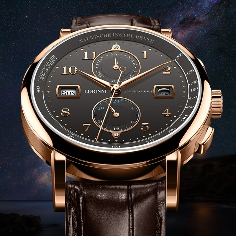 LOBINNI Orologio da lavoro Top Brand di lusso Moda Uomo in pelle Impermeabile 50M Orologio da polso meccanico maschile con datario
