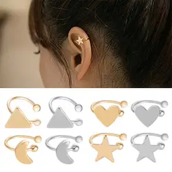 Stainless Steel Star Moon Ear Clip for Women Without Piercing Cross Ear Cuff Clip Earrings Wedding Jewelry