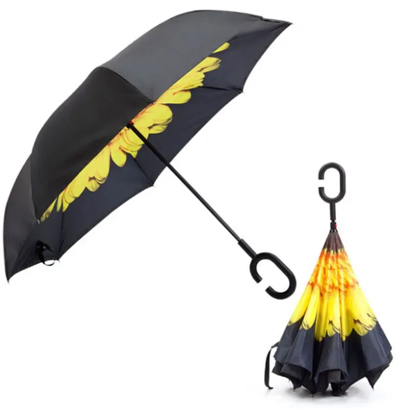 2024 New C Shaped Handle Double Layer Umbrella Anti-UV Folding Inverted Upside Down Reverse Windproof Sunflower For Travel