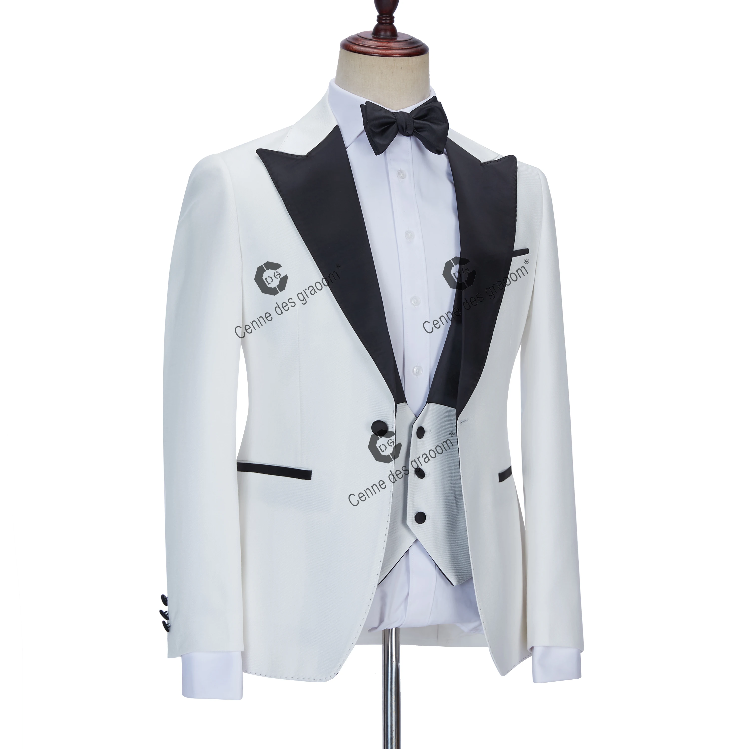 Cenne Des Graoom 2022 New Men Suits Set Satin Peak Lapel Tailor-Made Prom Tuxedo White 3 Pieces Wedding Groomsmen Costume Homme