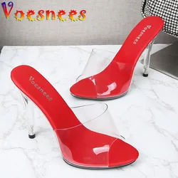 Voesnees 2021 New PVC Women Slippers Fashion Sexy 11CM Lady Model Show Sandals Clear Heel Mules Transparent Party Shoes Size 43