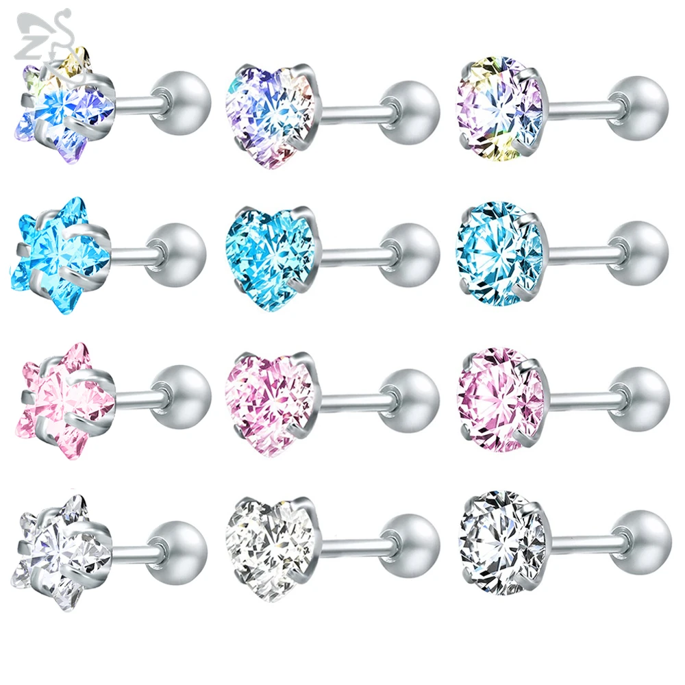 ZS 4 Pairs 3-8mm Shiny Cubic Zirconia Stud Earring Set 316L Stainless Steel Ear Studs Ear Tragus Helix Conch Cartilage Piercings