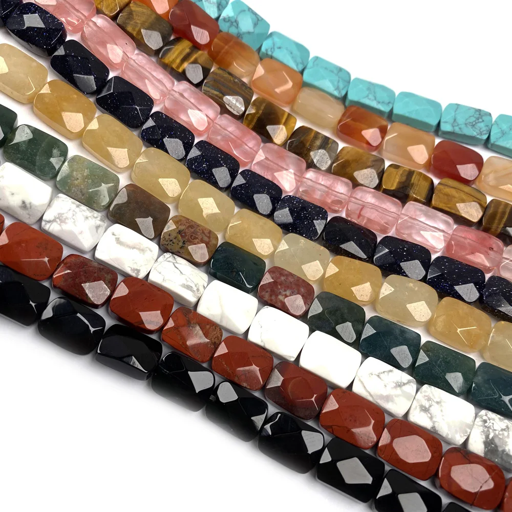 20CM Natural Stone Beads Faceted Rectangular Rose Quartz Red Agates Loose Spacer Beaded for Making DIY Jewelry Necklace 8x11x5mm