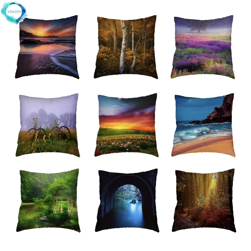 

Nature Landscape Polyester Throw Pillow Cover Waterfall Maple Lake Deciduous Forest Home Decor Cushion Cover Pillow Case 45X45CM