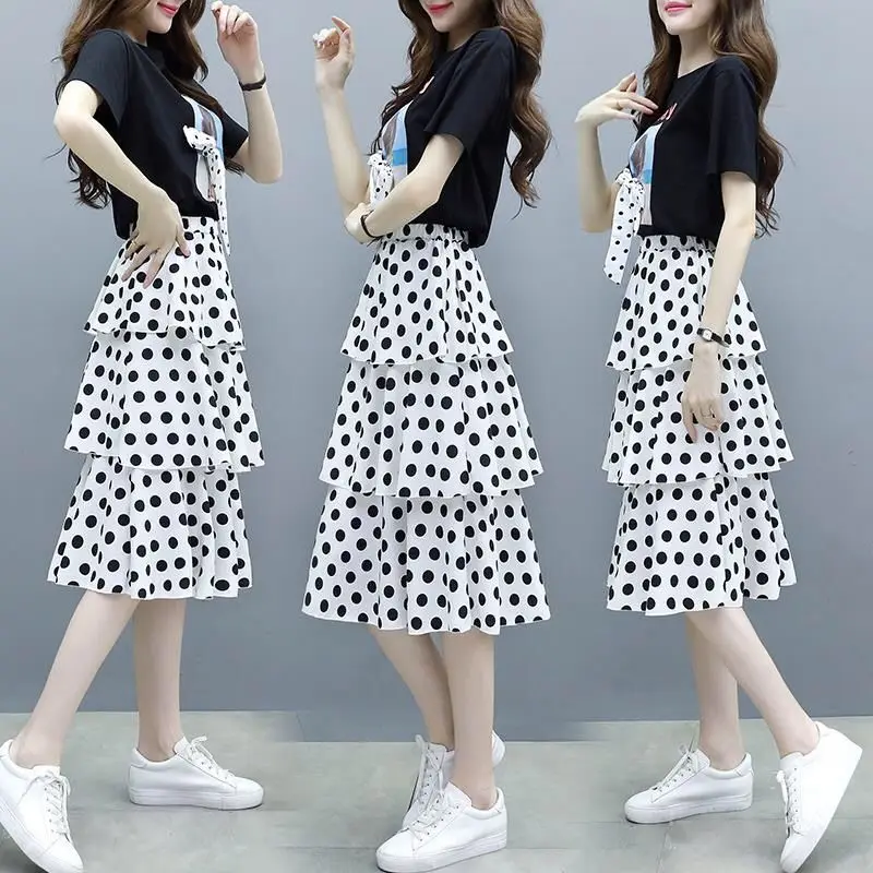 Summer Big Size Slim T-shirt Skirts Set for Women 2021 New Girl Student Sweet Print Polka Dot Dress Fashion Ribbon Bow-knot Tops