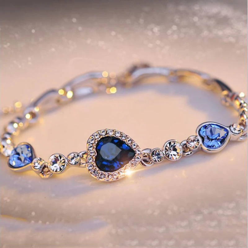 Exquisite Lucky Bracelet for Female AAA Cubic Zirconia Blue Crystal Heart Charm Bracelet Wedding Fine Jewelry Accessories Gift