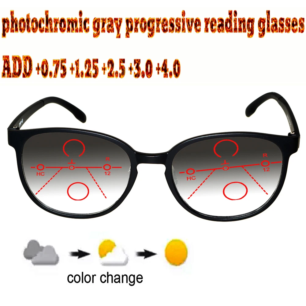 Photochromic Gray Progressive Multifocal Reading Glasses Men Woem Ultralight Black Frame+1.0 +1.5 +1.75 +2.0 +2.5 +3 +3.5 +4