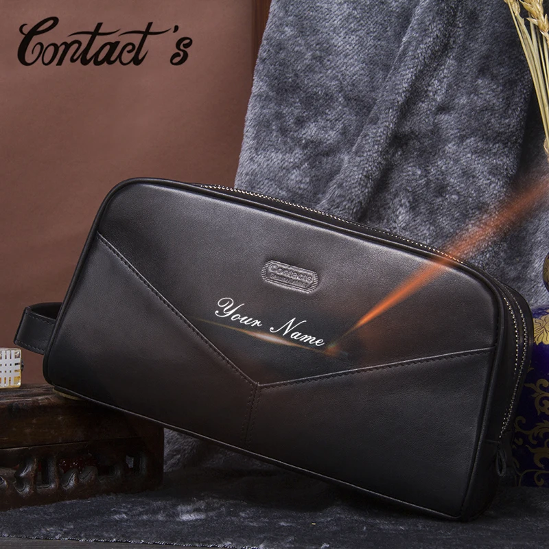 Contact\'s Genuine Leather Men\'s Cosmetic Bags Case Travel Organizer Men Toiletry Bag Luxury Brand Makeup Bags Large Capacity